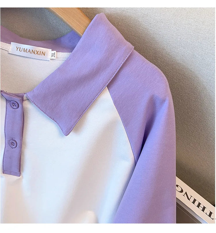 170kg plus size Damen büste Frühling Herbst loser Polo kragen kontrastieren des Sweatshirt schwarz lila 4xl 5xl 6xl 7xl 8xl 9xl.