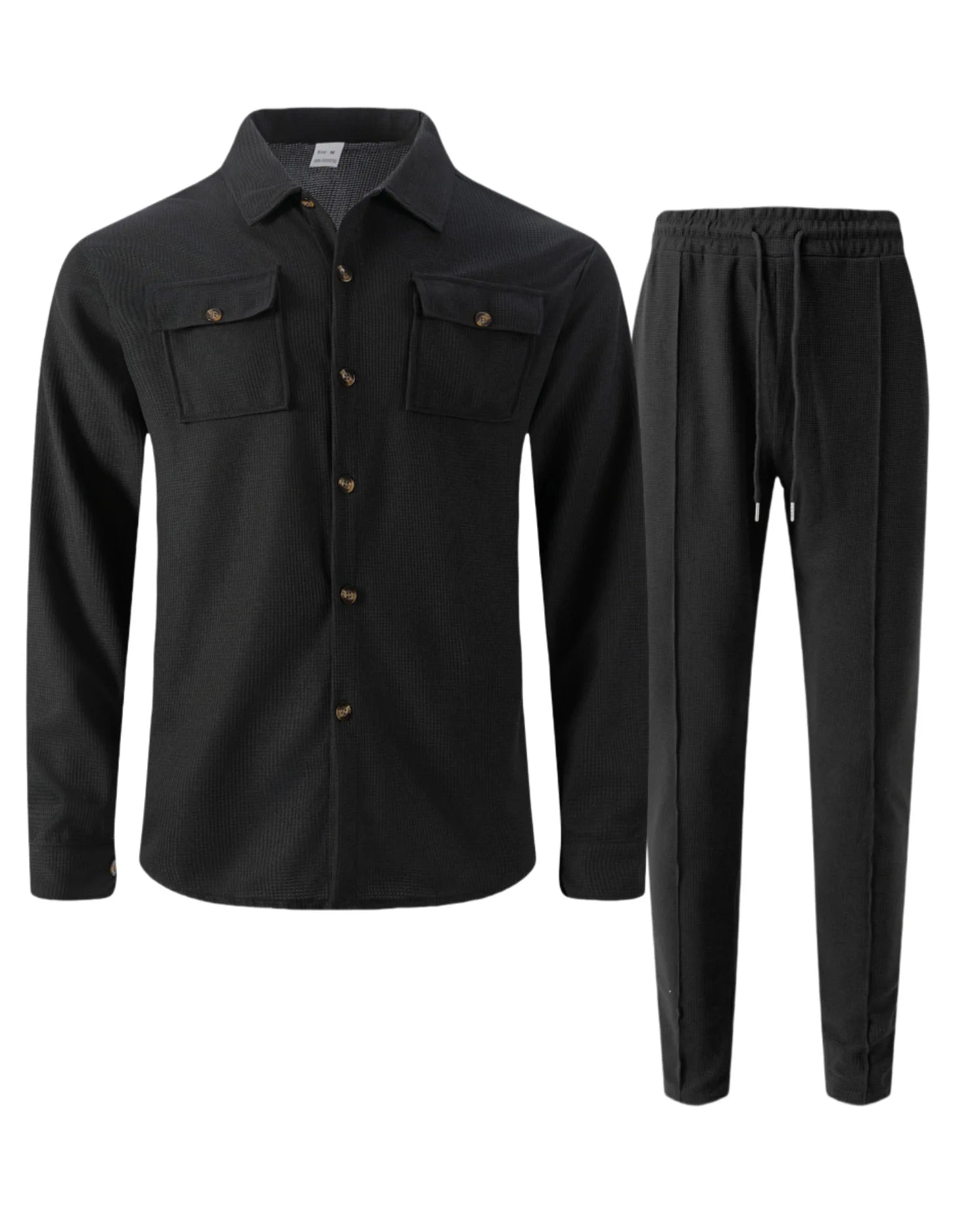 2025 Men's Autumn Casual Street Sport Two-Piece Fashion Solid Color Double-Pocket Collar Buttoned Long-Sleeved Shirt + Pants Set.