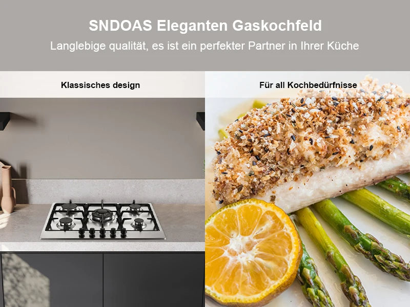 68cm 5-Burner Gas Hob Stainless Steel Gasherd Auto Flame Shield & Dual Fuel (Erdgas/LPG) 10460W Pro Line Built-in/Standherd.