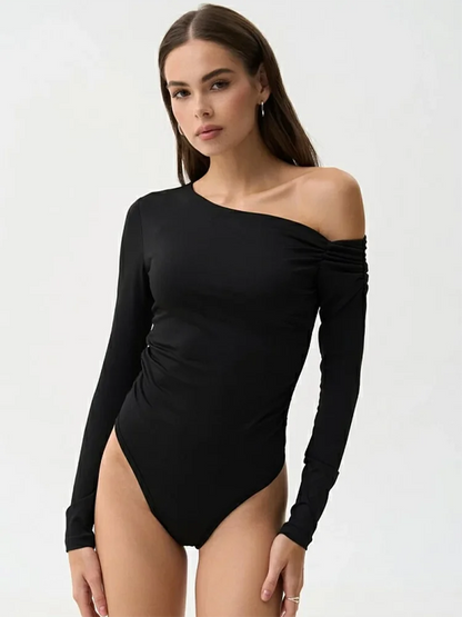 Sibybo Basics Off Shoulder Bodysuits Women Autumn Long Sleeve Ruched Slim Bodycon One Piece Body Tops Solid Casual Lady Overalls.