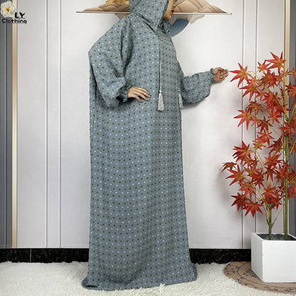 2024New Pure Cotton Ramadan Muslim Two-Hat Abaya Dubai Turkey Islam Prayer Clothes Loose Robe Islamic Women Traditional Clothing
