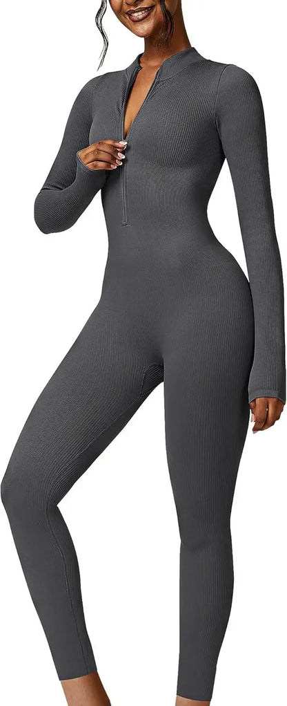 Seamless Long Sleeve Yoga Suit One-Piece Tightening Fitness Leisure Sports Jumpsuit with Zipper for Women.
