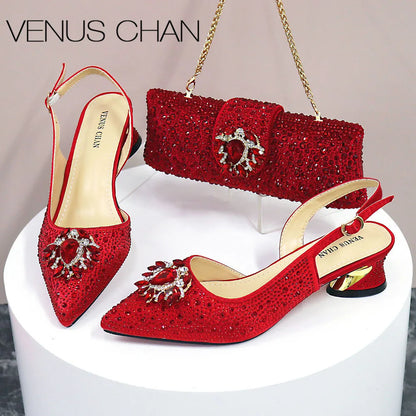 Sandals Woman Summer 2024 Hot Selling Design Pointed Toe Thin Heels Mature Ladies Shoes Matching Bag Set in Red Color.