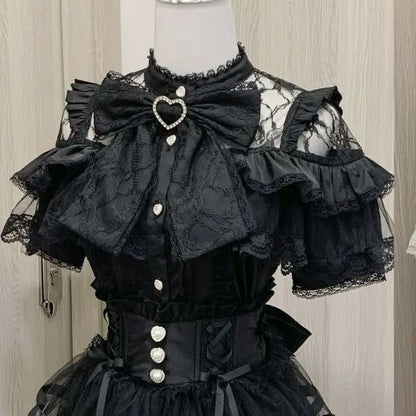 Japanese Mine Lolita Bow Shirt Subcultural Shirts Female Cute Black and White Lace Long-sleeved Short-sleeved Blouse Women