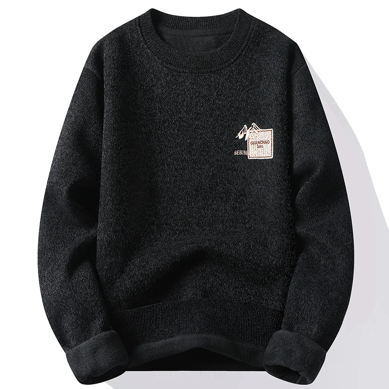 Autumn Winter Fashion Sweater Men's Round Neck Pullovers Fleece Thick Warm Jumpers Pattern Patchworked Men's Clothes