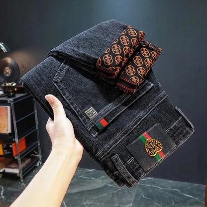 Gestickte Slim-Fit-Jeans mit geradem Bein, High-End-Freizeithose für Herren, durchgehender Bodendruck, dehnbar, trendige Marken-Freizeitjeans