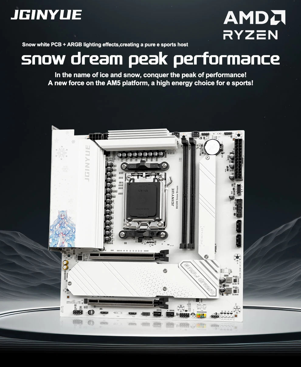 JGINYUE B650M Snow Dream AM5 DDR5 ARGB M-ATX Motherboard For Gaming PCIe 4.0×4 M.2 For CPU 9700X/9900X/7800X3D gaming pc DIY.