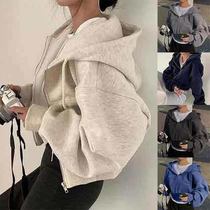 2024 Spring Autumn New Insfleece-lined Versatile Cropped Slims Smooths Silhouette Zip-up Warm Navy Blue Hooded Sweatshirt Women.