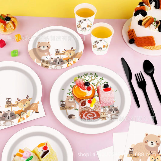 Cartoon Tiere Party Einweg Geschirr Wilde Bär Fuchs Wald Tiere Party DIY Dschungel Safari Alles Gute Zum Geburtstag Baby Dusche Dekor.