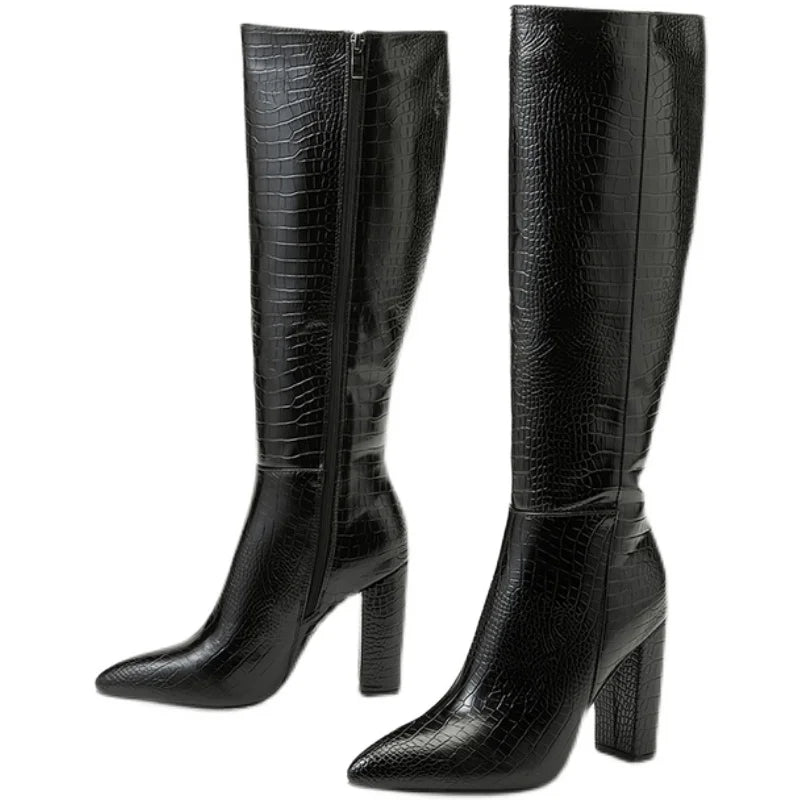 Aneikeh Pointed Thick Heels Knee Long Boots Women's 2025 Spring/Autumn Patent Leather Crocodile Pattern Panel Side Zipper Boots.