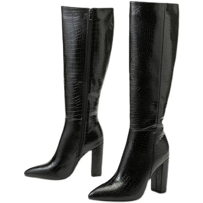 Aneikeh Pointed Thick Heels Knee Long Boots Women's 2025 Spring/Autumn Patent Leather Crocodile Pattern Panel Side Zipper Boots.