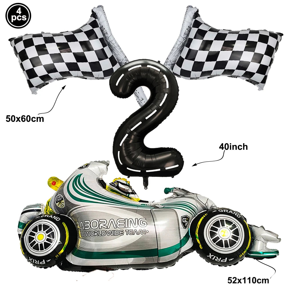 Rennwagen-Thema, zwei schnelle Jungen, Partydekorationen zum 2. Geburtstag für Rennwagen, karierte Flaggen, Rennrad, Einweggeschirr