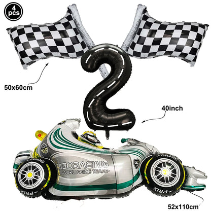 Rennwagen-Thema, zwei schnelle Jungen, Partydekorationen zum 2. Geburtstag für Rennwagen, karierte Flaggen, Rennrad, Einweggeschirr