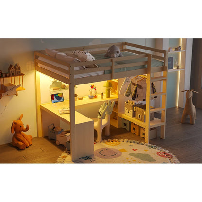 Modernes Kinder-Hochbett 140 x 200 mit Multifunktionsregalen, Unterbett-Schreibtisch, LED-Licht und USB, Kleiderschrank mit Stauraum, für Schlafzimmer