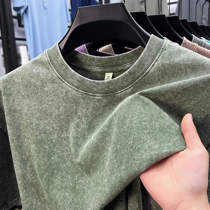Personality washed vintage short sleeve T-shirt high-end 100% pure cotton men fashion round neck comfort lightweight casual top