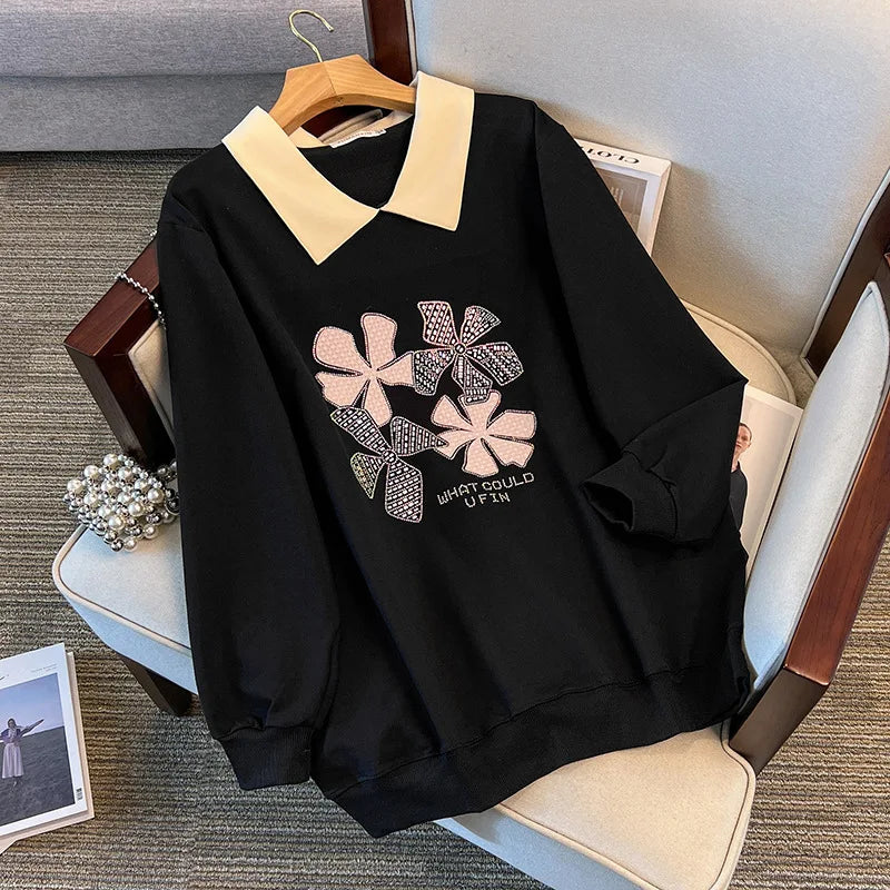 170 kg Plus Size Damen-Büste 170 Frühling Herbst Loose Diamond Collared Sweatshirt Schwarz 4XL 5XL 6XL 7XL 8XL 9XL.