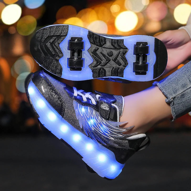 Boys Girls Roller Shoes LED Light Up USB Charging Children Roller Skate Casual Skateboarding Shoes Sports Shoes Kids Sneakers.