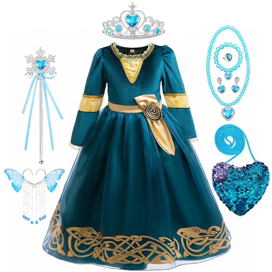 Girls Merida Cosplay Princess Dress Children Stage Performance Clothes Kids Halloween Carnival Party Long Sleeves Outfits