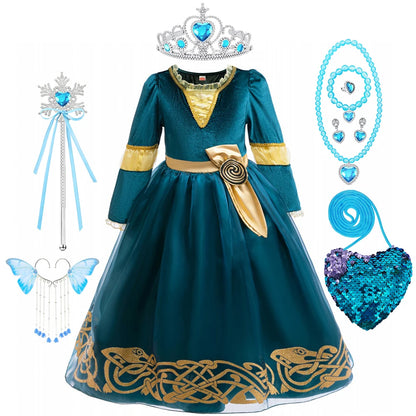 Girls Merida Cosplay Princess Dress Children Stage Performance Clothes Kids Halloween Carnival Party Long Sleeves Outfits