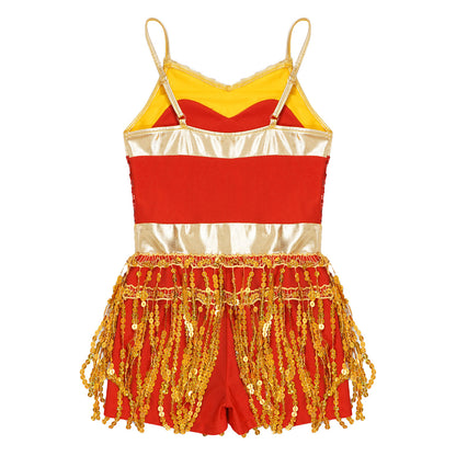 Kinder Mädchen Latin Tanz Kostüm Jazz Samba Cha-Cha Eiskunstlauf Trikot Kleid glänzende Pailletten Quaste Bodysuit für Bühnen performance