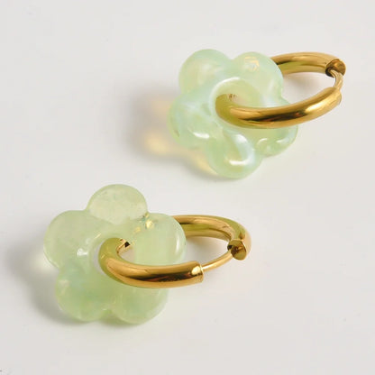 Colorful Flower Glass Drop Charms Earring Gold Color Circle Ear Buckle Hoops Stainless Steel Earrings Fashion Jewelry for Women