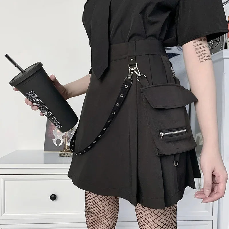 Harajuku Punk Gothic Black High Waist Black Skirts Women Sexy Patchwork Bandage Mini Female Streetwear Black Skirt.