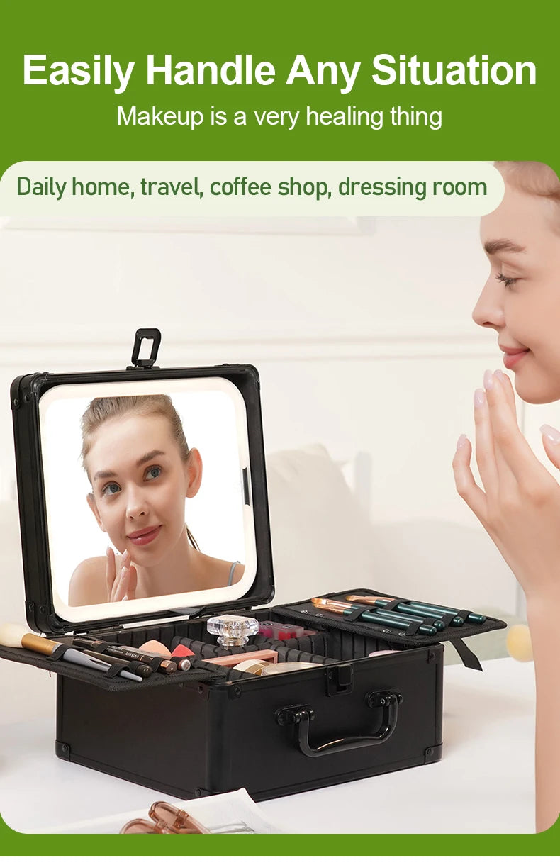 GLADCASE 2025 Portable Makeup Case with adjustable LED light Mirror carry Cosmetic Box Organizer train Beauty for dailry travel.