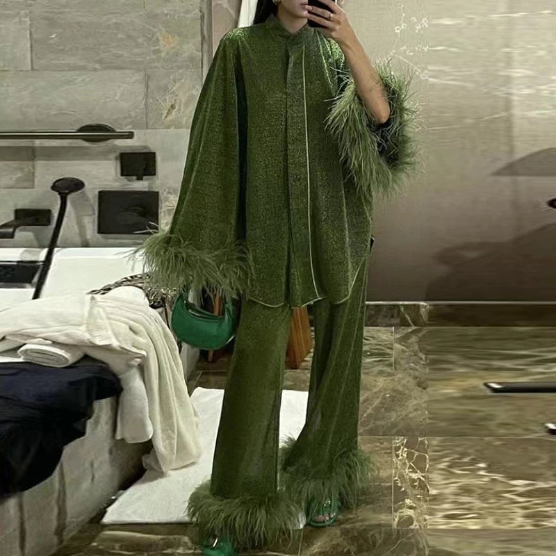 Fashion Solid Patchwork Feather Tops+Straight Pants Set Casual Loose Stand Collar Outfits Elegant Long Sleeve Button 2 Piece Set.