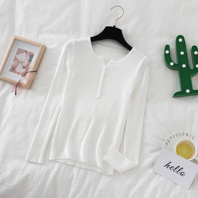 2026 weibliche Casual Tops Pullover Frauen Herbst Winter Gestrickte Dünne Pullover Feste Taste Volle Hülse V-ausschnitt Pullover.