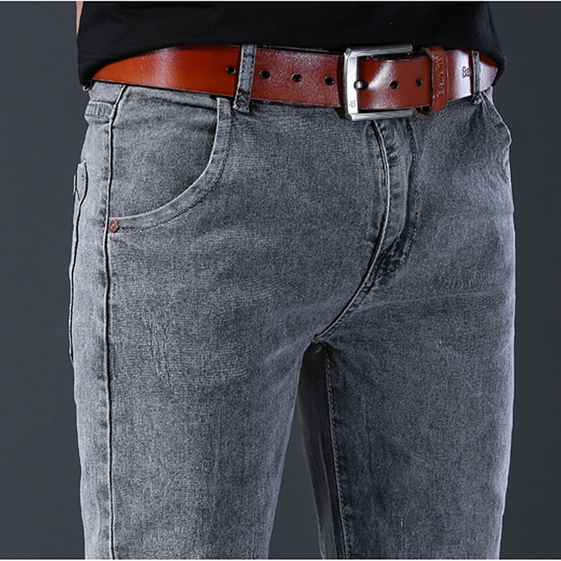 New style jeans, men's slim fit, Korean style comfortable straight leg elastic gray mid waist pants, men's casual denim pants.