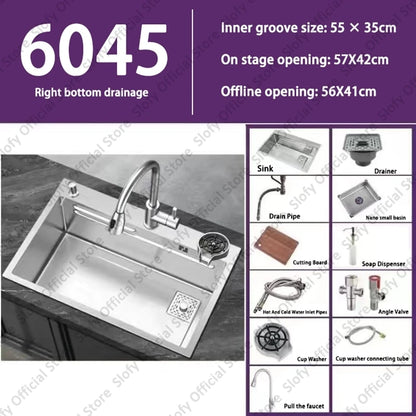 Küchenspüle aus Edelstahl 304, großes Fassungsvermögen, Wasch-/Schnitt-/Abfluss in einem, komplettes Set, multifunktionale Gemüse-Arbeitsstation für den Haushalt