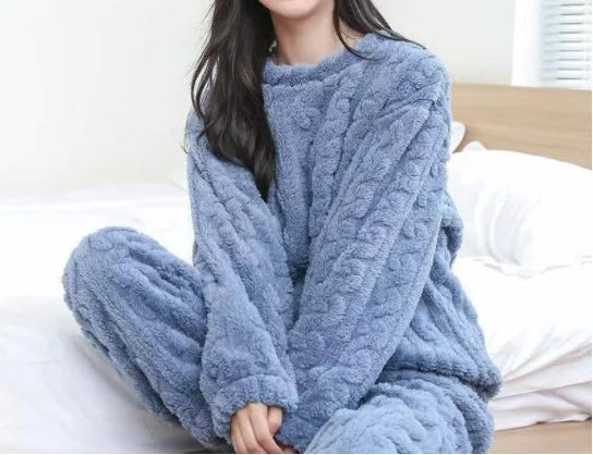 Herbst Winter Lose Süße Casual Pyjamas frauen Set Dicke Fleece Wolle Langarm Top Hause Elastische Taille Lange Hosen Hosen.
