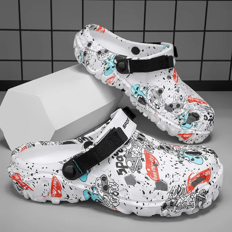 Plus Size 47 Men's Clogs 2025 Summer Sandals Beach Slippers Flat Sandals Men Leisure Slides Creative Printing Man Casual Shoes.