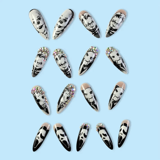 24Pcs Glossy Long Almond Halloween Press On Nails Black And White Horror Style Fake Nails With Rhinestone Reusable False Nails.