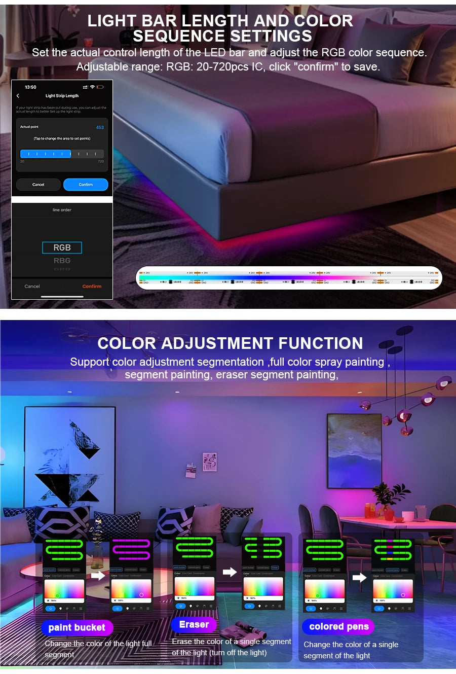 1-25M RGB Addressable COB LED Strip Light 24V WS2811 Pixel LED Strip Tuya WiFi RGBIC LED Ribbon Light Kit For TV Room decoration