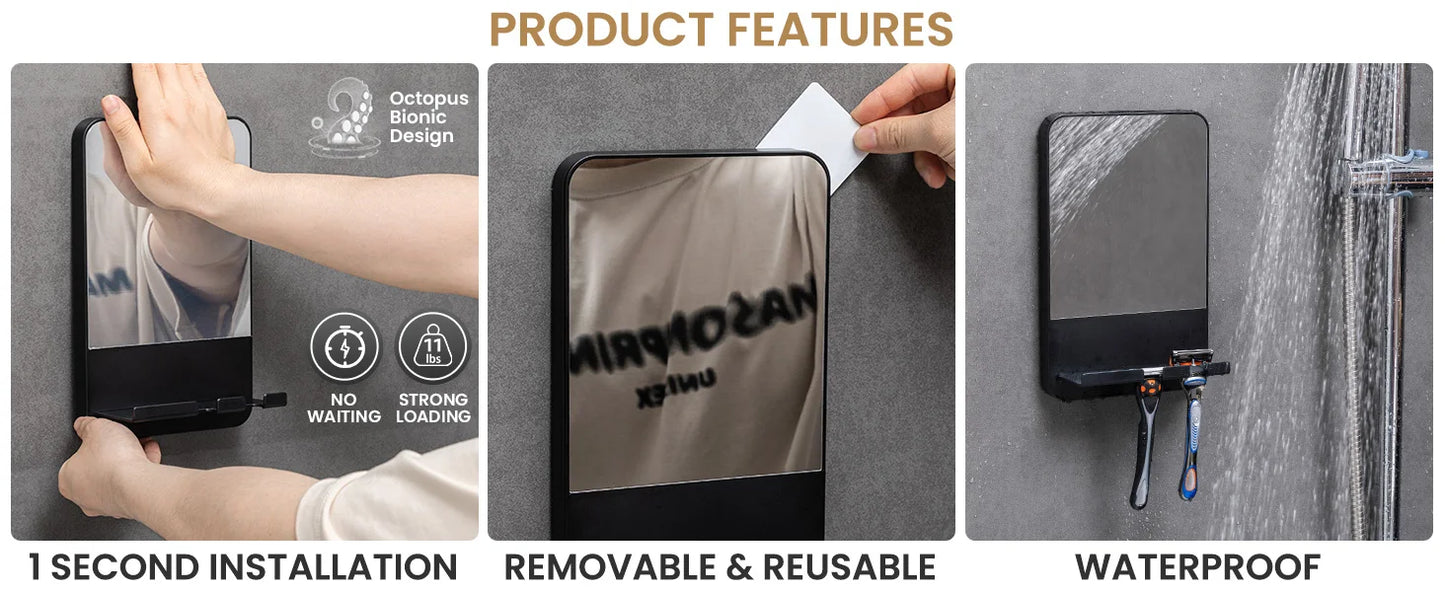 TAILI Dusch-Rasierspiegel mit Ablagefach, mit Rasiererhalter, abnehmbarer Saugnapf, bruchsicher, beschlagfreier Badezimmerspiegel