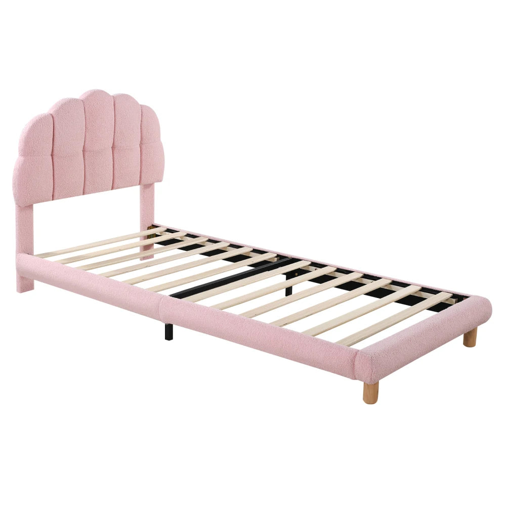 Modernes 90x200cm Einzelbett, Kinderbett, Jugendbett, Polsterbett, Holzgittergrill, Fleeceimitation, Weiß und Rosa