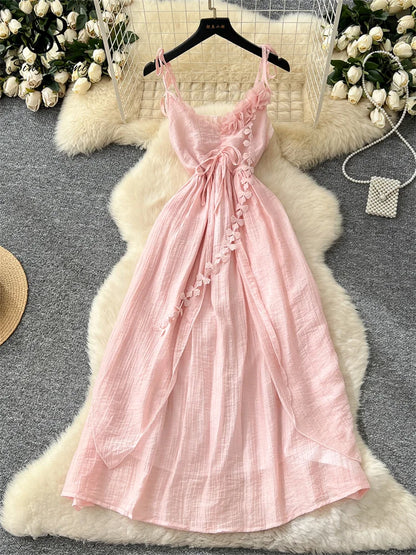 SINGREINY 2025, süßes Sommerkleid für Damen, Spaghettiträger, plissiert, 3D-Blumenmuster, schickes Sommerkleid, Fairycore, unregelmäßiges Kleid