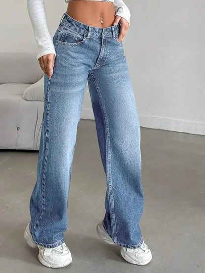 Fashionable High-Waist Straight-Leg Jeans Women's Long Pants Dragging on the Ground Old Style Decorative Zipper Closure.