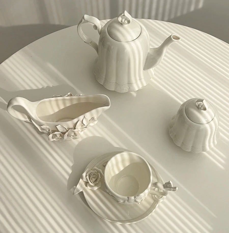 Vintage relief ceramic coffee set, hand-squeezed camellia afternoon tea set, tissue box, creative gift..