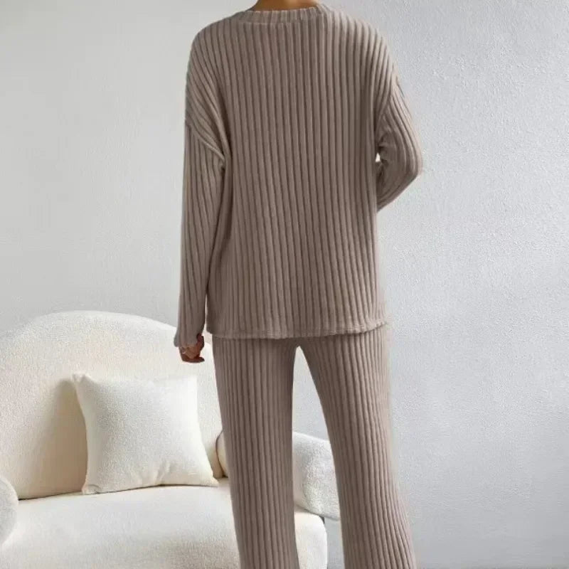 Women's Pajamas Autumn Winter New Casual Straight Pants Pullover Sleepwear Loose V Neck Knitted Home Wear Two Piece Loungewear.