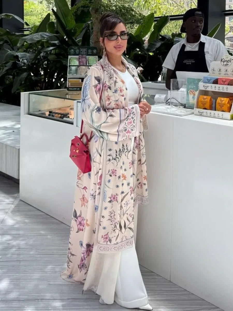 Eid Frauen Abaya Blume Drucken Offene Strickjacke Schal Party Kleid Muslimischen Langarm Jalabiya Ramadan Abayas Kaftan Arabischen Lange Robe.
