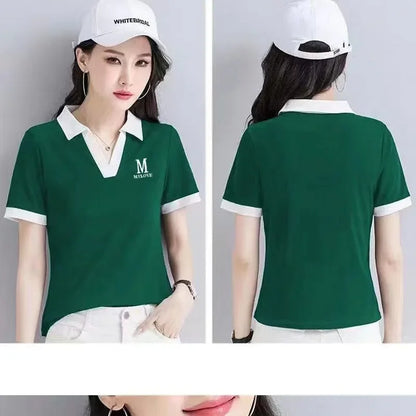 Loose Fit Women's Short Sleeve Polo Neck T-Shirt Summer Slimming Fashionable Top Quality Pure Color Cross-Border Independent.