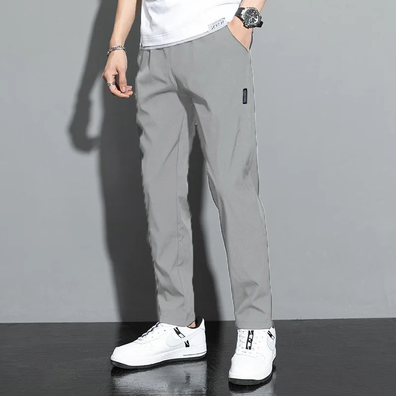 Ice Silk Men's Pants 2024 Summer New Black Gray Thin Business Casual Pants Outdoor Elastic Breathable Straight Leg Sweatpants.