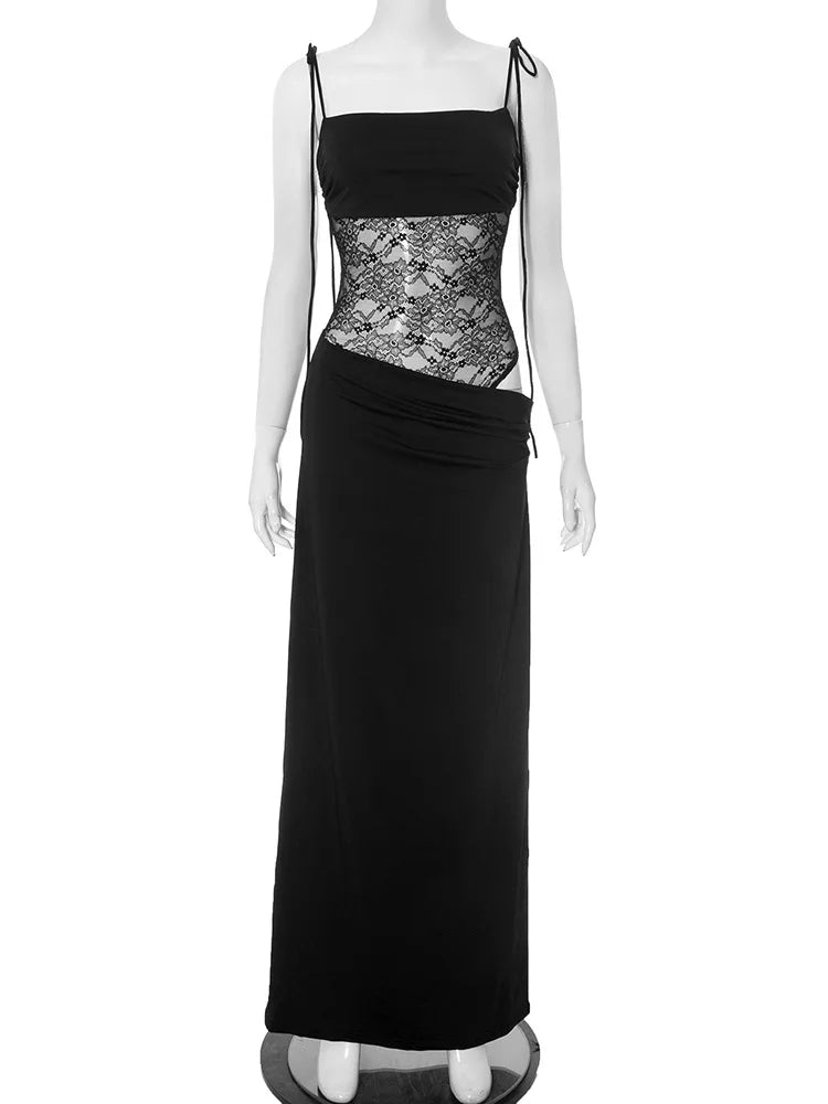 Elegante Spitzen-Maxikleider für Frauen 2022, sexy Spaghettiträger, Patchwork, Feiertage, Partykleid, Sommer, rückenfrei, langes Kleid