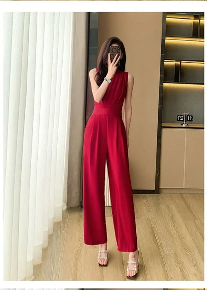 Women's Wide Leg Jumpsuit Pants 2025 Summer New Casual Straight Tube Sports Overalls V-neck Sleeveless Bodysuit For Women Romper