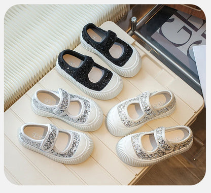 New Girl Princess Canvas Shoes Fashion Luxury Sequins Children Causal Shoes Breathable Kids Glitter Mary Jane Shoes Thick Bottom.