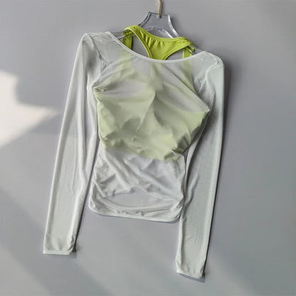 Sexy Mesh Slimming Yoga Suit for Women, Gathering Together, Sports Bra, Two Pieces, Quick Dry Training, Pilates Cover Up Blouse.