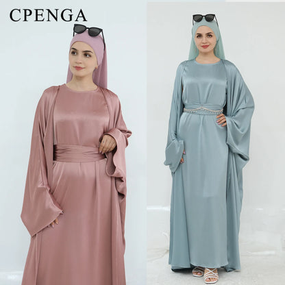 Two Piece Arabic Outfit Set for Muslim Women Elegant Modest Abaya Dress with Inner Ramadan Islamic Coat New Turkish Kaftan Robe.