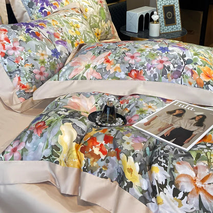 Floral Print 600TC Egyptian Cotton Bedding Queen King Comforter Cover Soft Duvet Cover Set Flat/Fitted Bed Sheet Pillowcases.